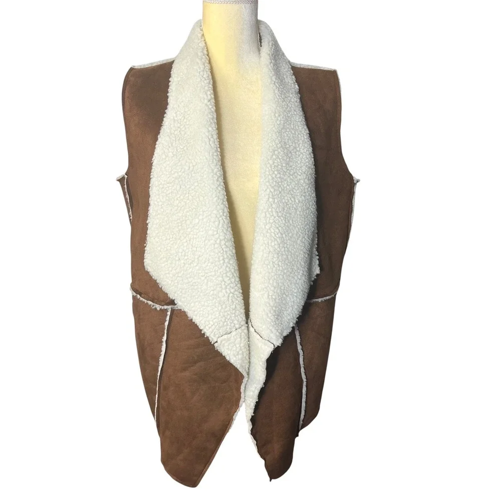 Faux Suede Sherpa Vest Womens Small Brown Sleeveless Drape‎ Open Front